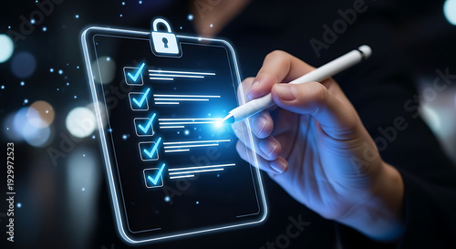 Hand using stylus on secure digital checklist with padlock icon
