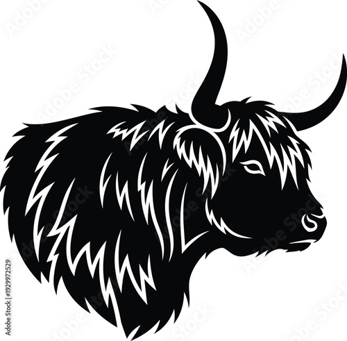 Highland cow head silhouette with long horns and shaggy fur, minimalist black and white bull vector illustration for farming and cattle ranching logos.