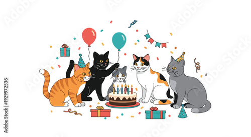 Five diverse cartoon cats celebrate a birthday with a lit candle cake and colorful party decorations on a white background.