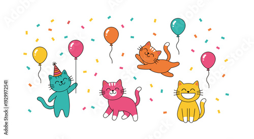 Five colorful cartoon cats jump and play among floating balloons and scattered confetti pieces on a plain white horizontal background.