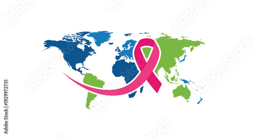 A large pink awareness ribbon is centered over a blue and green world map with a curved pink line on a white background.