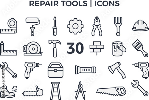 Repair tools line icons set editable vector collection, construction maintenance equipment outline illustration for workshop design projects