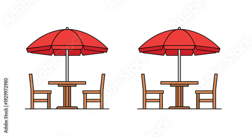 Two identical sets of wooden patio furniture each featuring a round table two chairs and a large red umbrella are shown side by side.