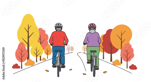 An elderly man and woman ride bicycles away from the viewer on a white path through a forest of colorful autumn trees.