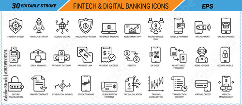 Fintech and digital banking icons with 30 editable stroke icons Keywords: fintech shield, ICON SET
