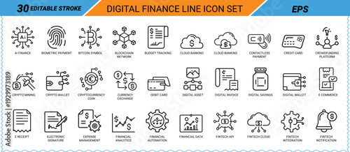 Digital finance line icon set editable stroke EPS 30 icons Keywords: AI finance, biometric