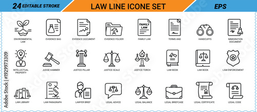 Law line icon set with legal and justice symbols environmental evidence