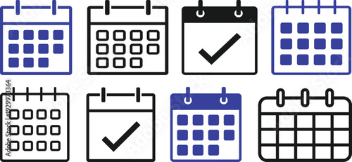 Set of eight calendar and scheduling icons in blue and black, featuring monthly grid views and task completion checkmarks.