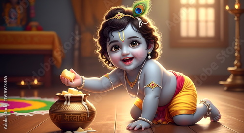 Happy Krishna Janmashtami celebration with adorable little Lord Krishna holding butter pot, divine baby portrait in traditional attire with warm festive lighting