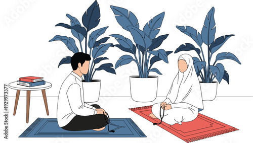 Muslim man and woman sitting on prayer rugs holding beads in minimalist room with plants for Ramadan concept