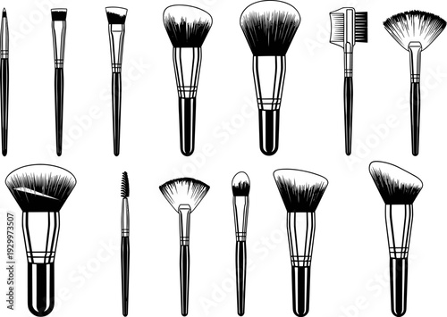 Makeup brush silhouette icon set, black cosmetic tools collection for beauty and skincare application, professional makeup accessories, clean flat vector illustration isolated on white background