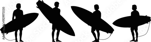 Male Surfer Black Silhouette Set, Man Carrying Surfboard Under Arm, Side and Front View, Standing on Beach, Monochrome Vector Illustration Collection