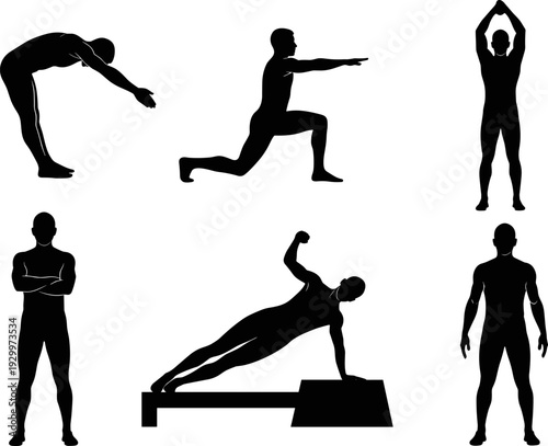 Male fitness exercise silhouette set vector illustration showing stretching, lunges, yoga poses and strength training workout positions for healthy lifestyle,