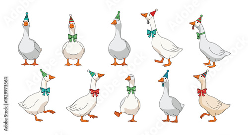 Ten illustrated white geese wearing colorful striped party hats and patterned bow ties are arranged in two rows against a solid white background.
