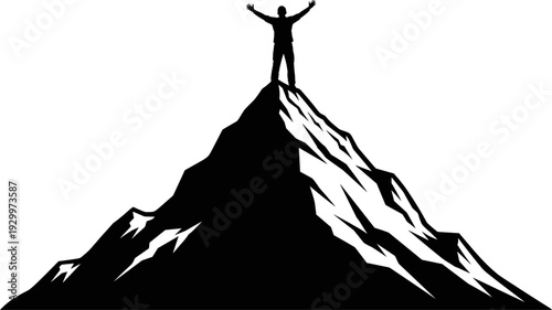 Man standing on mountain peak silhouette vector illustration, success achievement victory concept with raised arms, leadership motivation inspiration isolated on white background