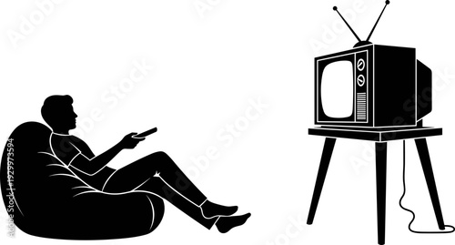 Man watching vintage television silhouette vector illustration, relaxed home entertainment scene, retro TV with antenna, remote control leisure concept, minimal lifestyle design