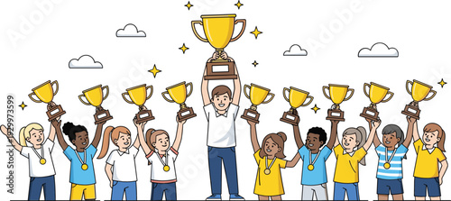 Diverse group of happy children holding gold trophies and wearing medals for school achievement and sports competition concept