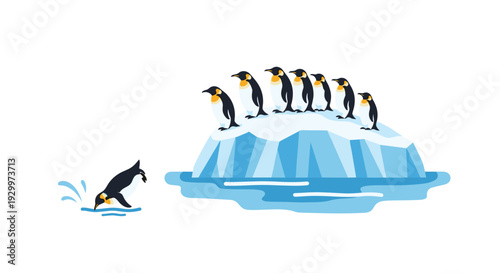 Seven penguins stand on a blue iceberg while one penguin dives into the water creating a splash against a clean white background.