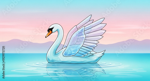 Serene white swan gliding on calm water with one wing raised at sunset or sunrise with mountains in background