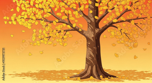 Vibrant autumn tree with yellow leaves falling against orange sunset background