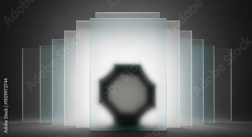 Blurry octagonal object behind layered translucent glass panels with bright light
