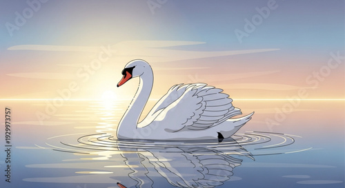 Serene white swan gliding on calm water at sunset with reflection