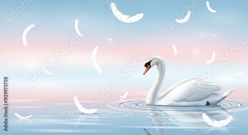 Serene white swan swimming peacefully on calm water with feathers floating around at sunset