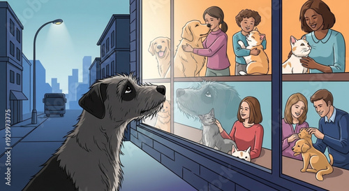 Dog looking up at people with pets in cozy homes through window on city street