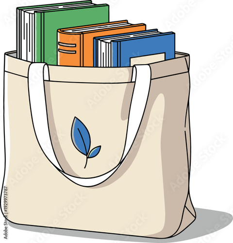 Reusable canvas tote bag with leaf logo filled with colorful books in hand drawn vector style for education concept