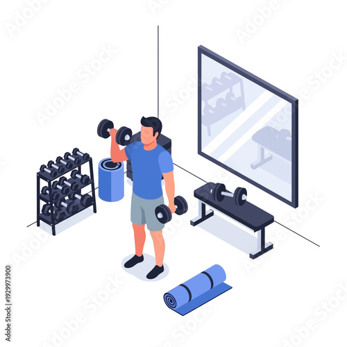 Man exercising with dumbbells in a modern home gym setup.