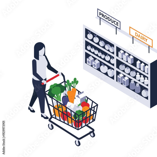 Woman shopping for fresh produce and dairy products at a grocery store.