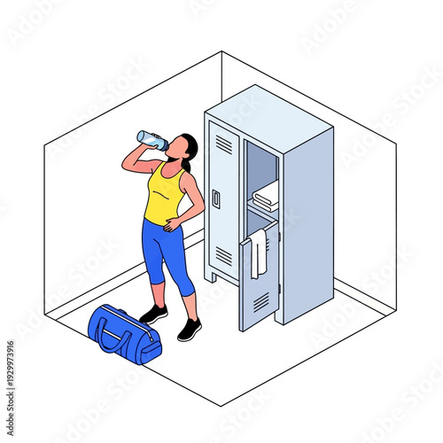 Woman Drinking Water in Locker Room with Gym Bag and Locker.