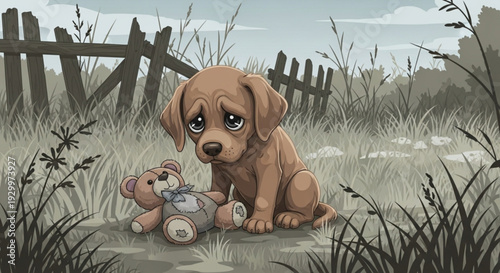 Sad brown puppy sitting with teddy bear in grassy field with wooden fence