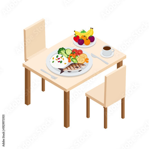 Dining table set with meal and beverages for two people.