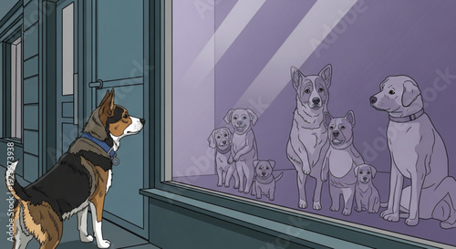 A dog in a vest looks through a window at multiple other dogs of various sizes and breeds indoors with purple lighting