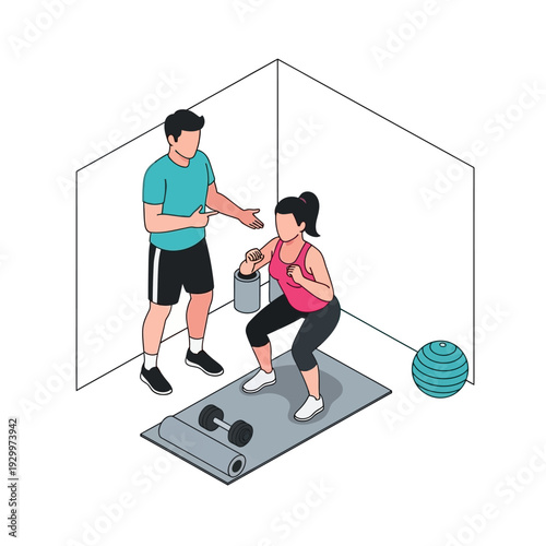 Personal trainer guiding a woman during a fitness session at home.