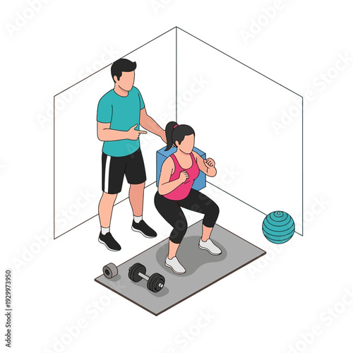 Personal trainer guiding a woman through a squat exercise at home.