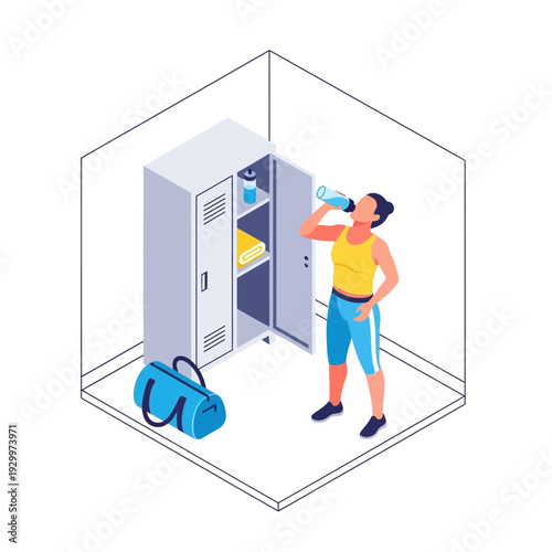 Young athlete drinking water in locker room with gym bag and locker.