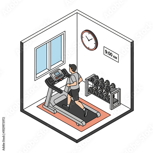 Man exercising on a treadmill in a modern home gym with dumbbells and clock.