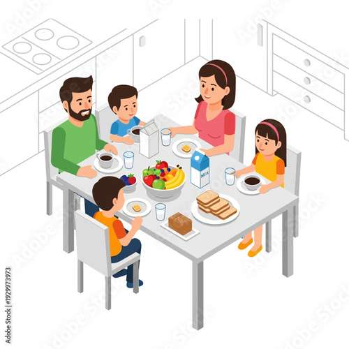 Family having breakfast together in the kitchen.