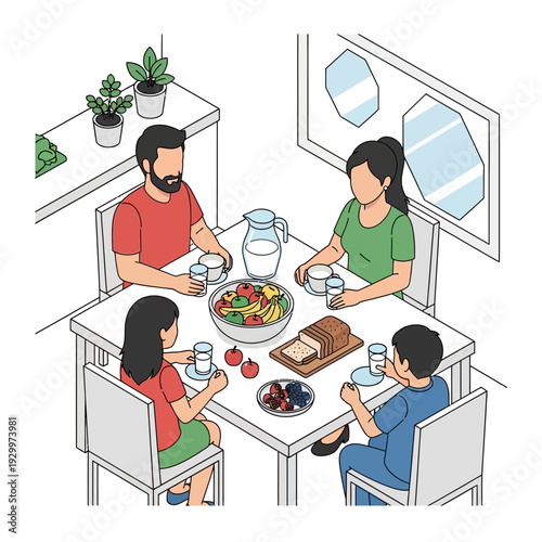 Family having a meal together at a dining table.