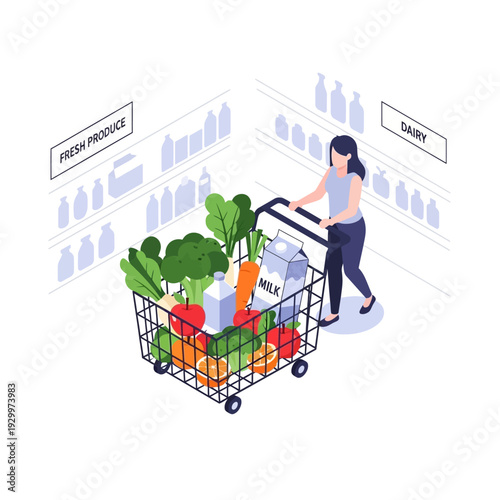 Woman shopping with a cart full of fresh produce and groceries.