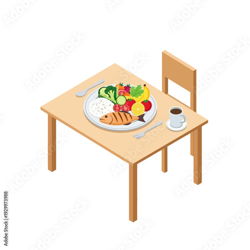 A simple wooden table set for one person with a meal and coffee.