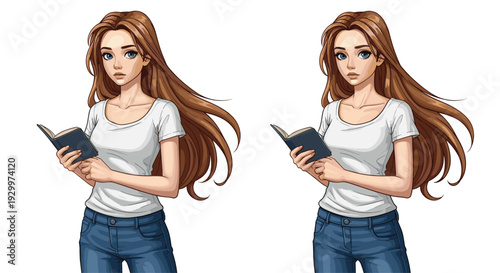 Two identical illustrations of a young woman with long brown hair wearing a white t-shirt and blue jeans while holding an open book.
