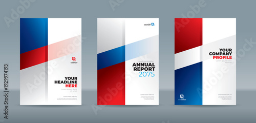 Modern cover template with elegant red and blue diagonal cross accents on a white background. A4 size book cover template for annual report, magazine, booklet, proposal, portfolio, brochure, catalog