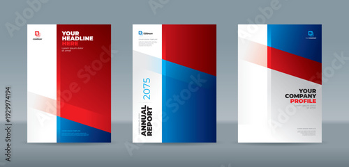 Minimalist cover template featuring bold red and navy blue overlapping geometric layers on a white background. A4 size book cover template for annual report, magazine, booklet, proposal, portfolio