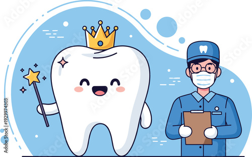 Cute happy tooth character wearing gold crown with magic wand and male dentist for pediatric dental care medical concept