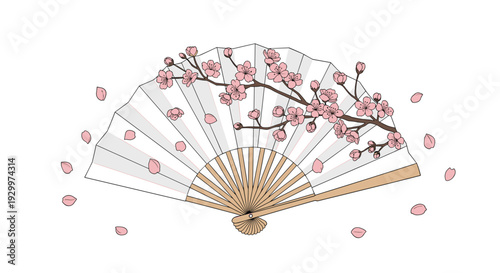 A white folding fan featuring a cherry blossom branch and falling pink petals is positioned centrally on a plain white background.