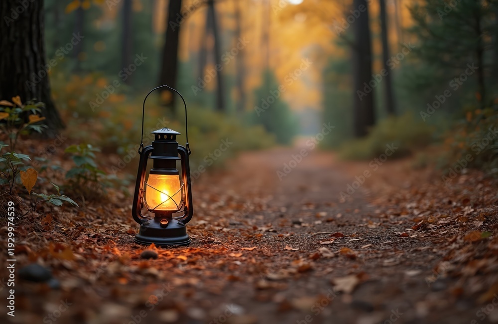 Fototapeta premium Glowing lantern sits on forest path covered in autumn leaves. Path leads through trees with yellow and orange foliage in soft light. Peaceful fall nature scene.