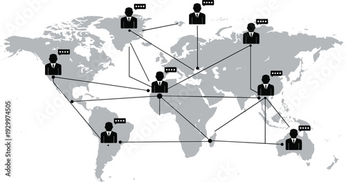 Global business network concept with world map and connected people icons for international communication and digital outsourcing services technology